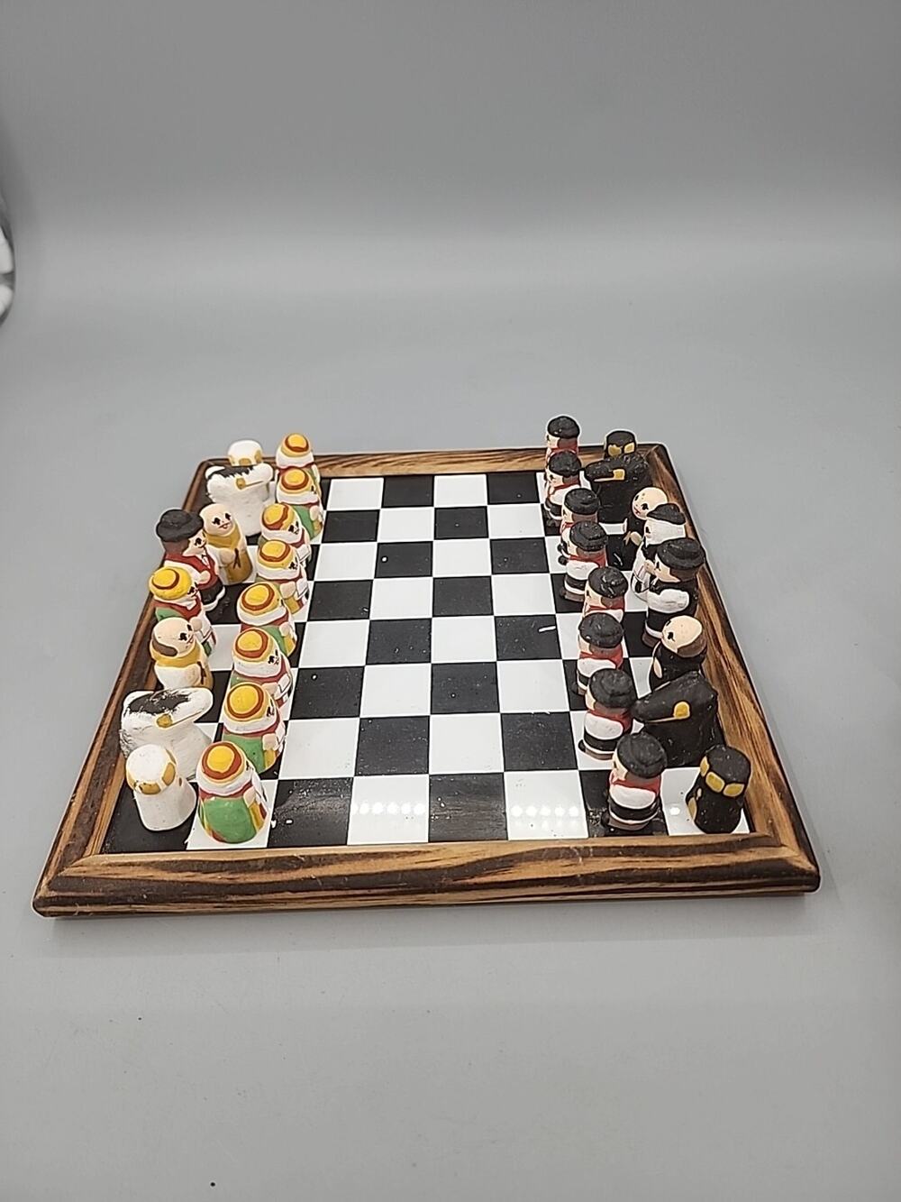 Clay Ceramic Hand Crafted/painted Chess Set With Wood and Glass Board